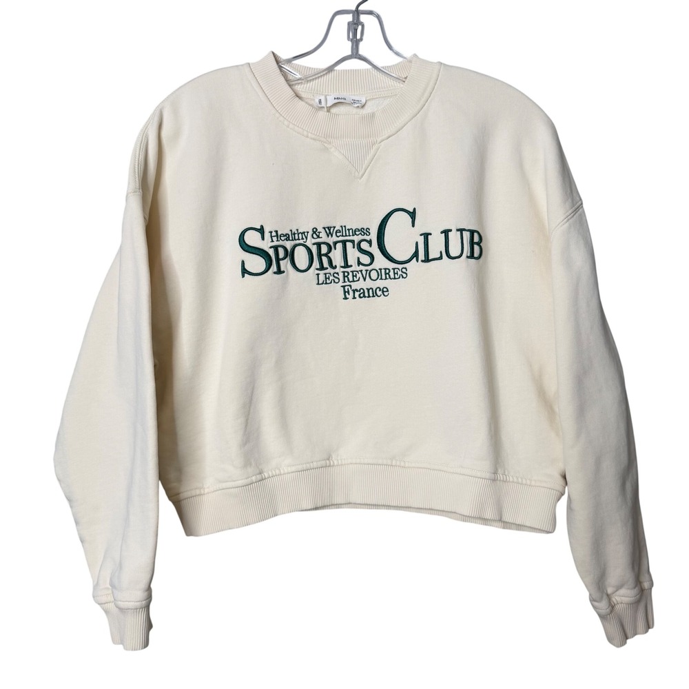Mango Cropped Sweatshirt Women S Cream Green Embroidered Healthy Wellness Sports